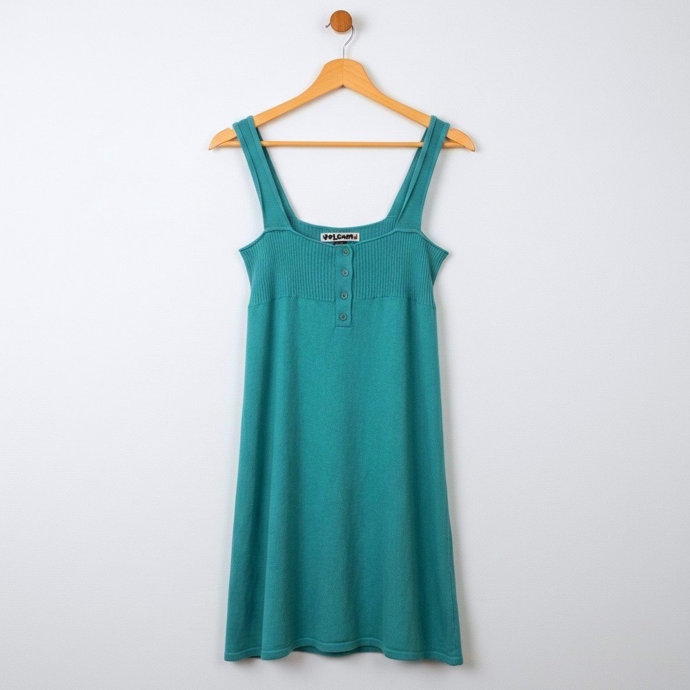 Volcom Womens Teal Green Knit Henley Mini Dress Tunic Size Medium Ribbed Y2K